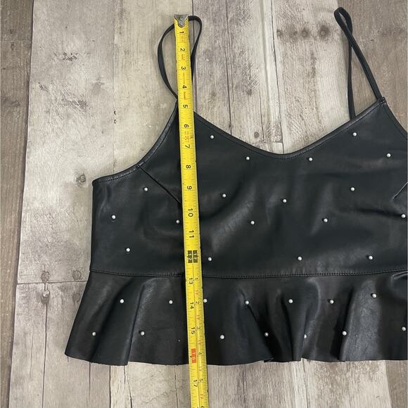 DO+BE Pearl-Studded Crop Top Black Faux Leather Ruffle Hem Y2K Whimsigoth Sz M - Picture 12 of 13